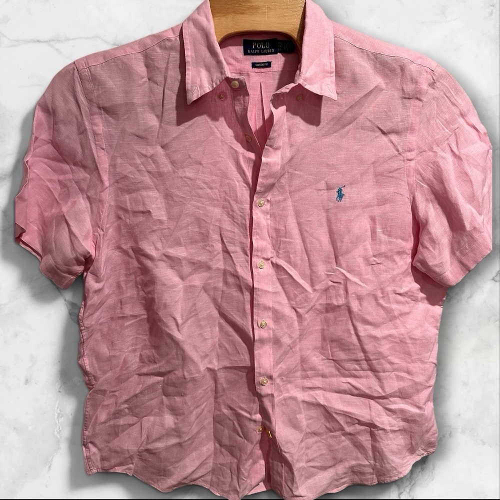 Polo Ralph Lauren Linen Camp Shirt Men XXL PInk Classic Fit Pocket Button‎ Up